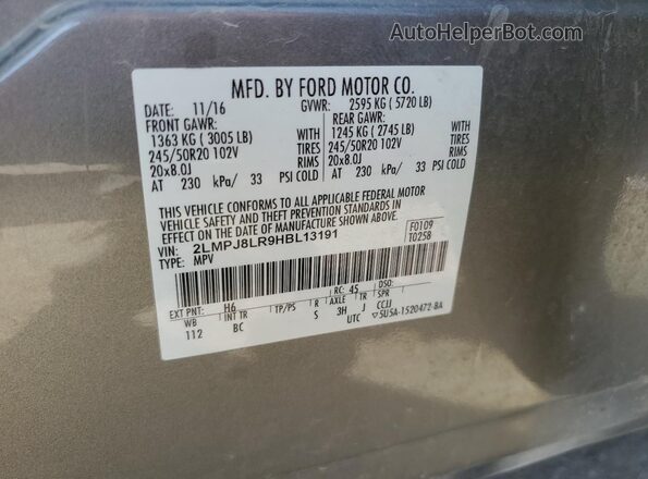 2LMPJ8LR9HBL13191 2017 LINCOLN MKX Серебряный Вид наклейки с VIN-кодом
