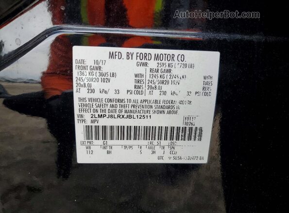 2LMPJ8LRXJBL12511 2018 LINCOLN MKX Черный Вид наклейки с VIN-кодом