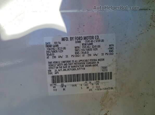 2LMTJ8LR7GBL57719 2016 LINCOLN MKX Белый Вид наклейки с VIN-кодом