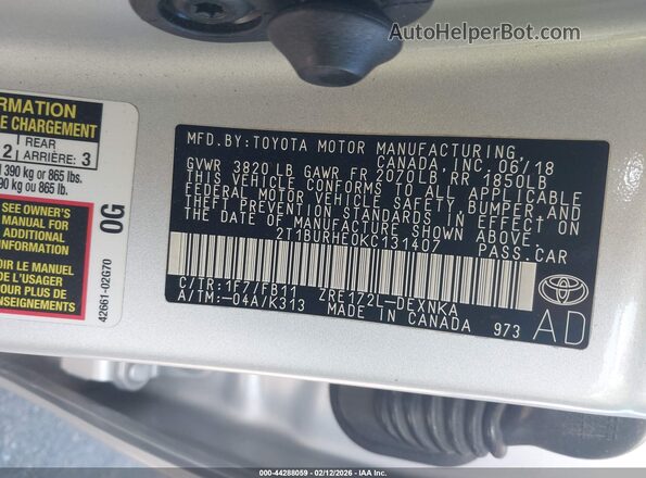 2T1BURHE0KC131407 2019 TOYOTA LL Серебряный Вид подкапотного пространства
