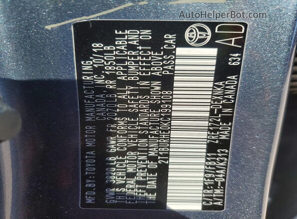 2T1BURHE0KC199108 2019 TOYOTA LL Blue Widok komory silnika