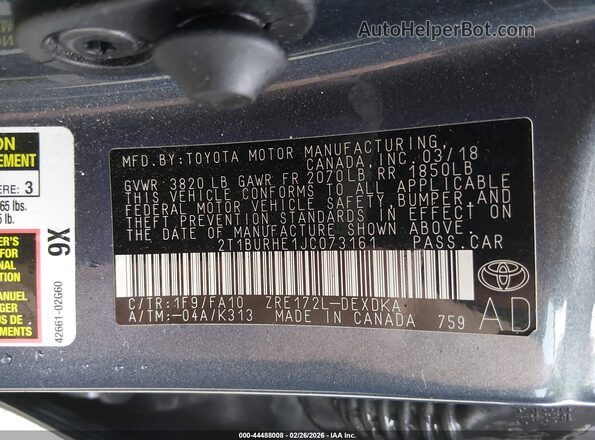 2T1BURHE1JC073161 2018 TOYOTA LL Blue Вид підкапотного простору