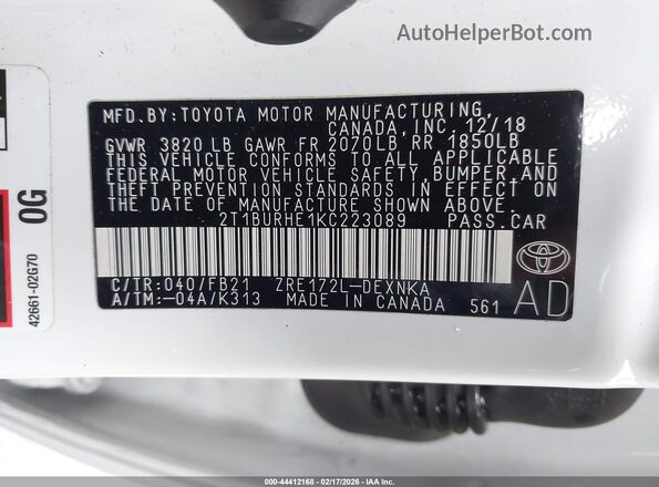 2T1BURHE1KC223089 2019 TOYOTA LL White Engine compartment view