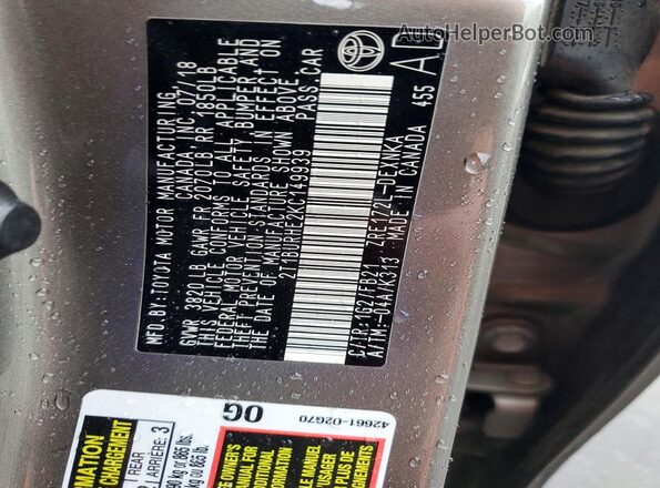 2T1BURHE2KC149939 2019 TOYOTA LL Brown Widok naklejki z numerem VIN