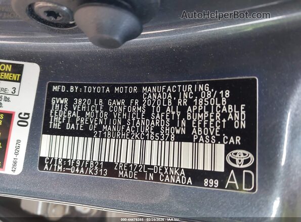 2T1BURHE2KC165378 2019 TOYOTA LL Gray Widok komory silnika