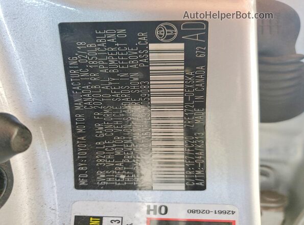 2T1BURHE3JC059083 2018 TOYOTA LL Silver Vista de la etiqueta del VIN