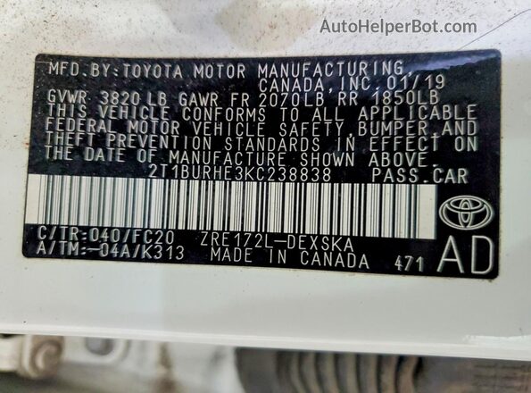 2T1BURHE3KC238838 2019 TOYOTA LL Белый Вид наклейки с VIN-кодом