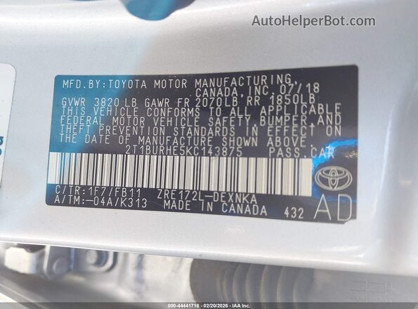 2T1BURHE5KC143875 2019 TOYOTA LL Серебряный Вид подкапотного пространства