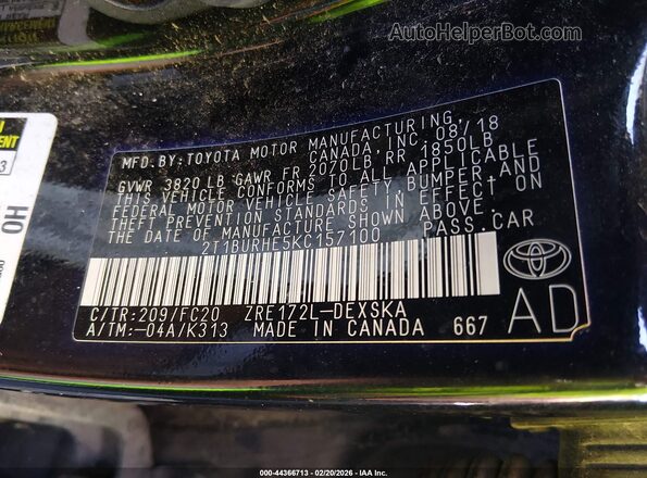 2T1BURHE5KC157100 2019 TOYOTA LL Black Widok komory silnika