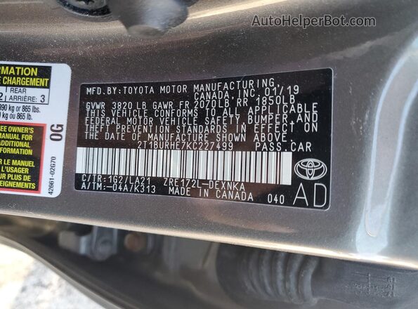 2T1BURHE7KC227499 2019 TOYOTA LL Gray Вид підкапотного простору