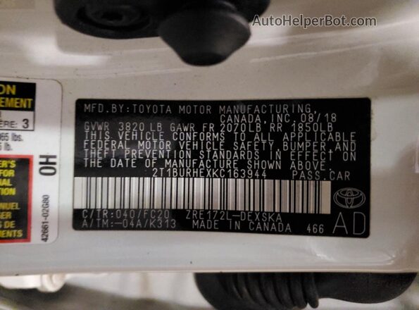 2T1BURHEXKC163944 2019 TOYOTA LL White Vista de la etiqueta del VIN