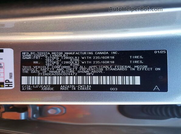 2T2ADCAZ0SC024472 2025 LEXUS NX Silver Widok naklejki z numerem VIN