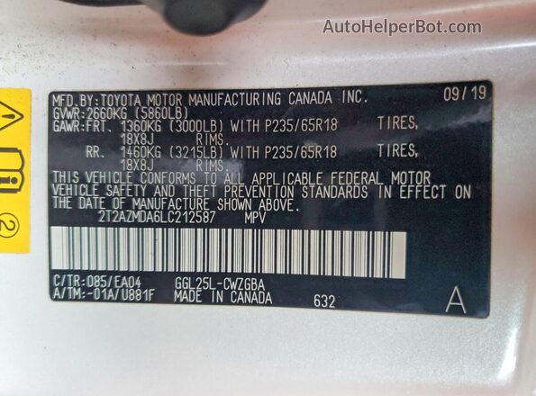 2T2AZMDA6LC212587 2020 LEXUS RX Белый Вид наклейки с VIN-кодом