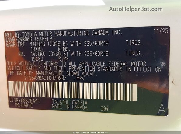 2T2BAMBA3TC070987 2026 LEXUS RX 350 White Vista del compartimento del motor