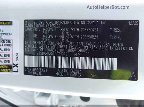 2T2BAMBA5TC071378 2026 LEXUS RX 350 White Engine compartment view