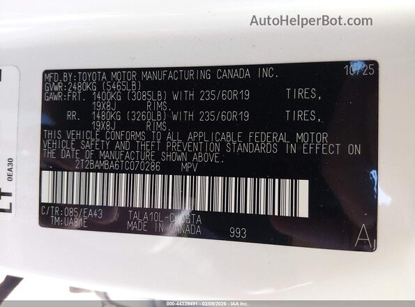 2T2BAMBA6TC070286 2026 LEXUS RX 350 White Вид підкапотного простору