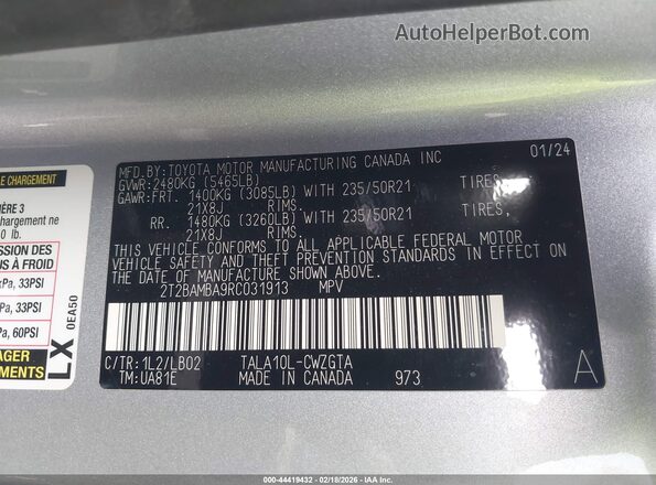 2T2BAMBA9RC031913 2024 LEXUS RX 350 Silver Widok komory silnika
