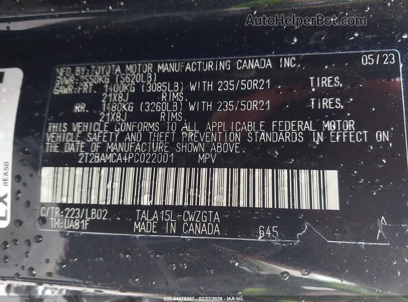 2T2BAMCA4PC022001 2023 LEXUS RX 350 Black Շարժիչի բաժամունքի տեսք