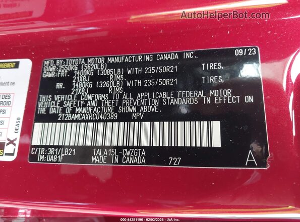 2T2BAMCAXRC040389 2024 LEXUS RX 350 Red Շարժիչի բաժամունքի տեսք