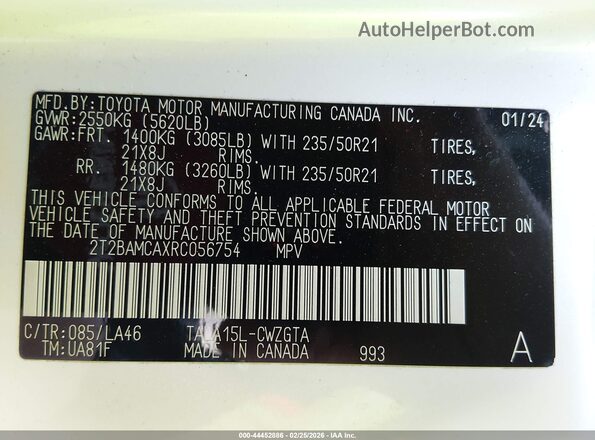 2T2BAMCAXRC056754 2024 LEXUS RX 350 White Widok komory silnika