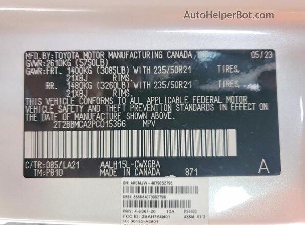 2T2BBMCA2PC015366 2023 LEXUS RX White VIN კოდის სტიკერის ხედი