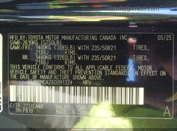2T2BBMCA2SC091324 2025 LEXUS RX 350H Черный Вид подкапотного пространства