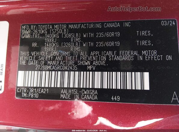 2T2BBMCA5RC042435 2024 LEXUS RX 350H Красный Вид подкапотного пространства