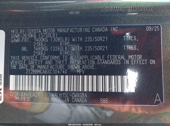 2T2BBMCA6SC104740 2025 LEXUS RX 350H Зеленый Вид подкапотного пространства