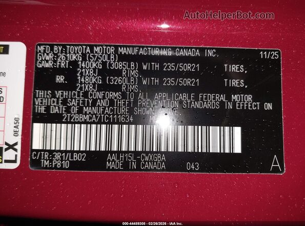 2T2BBMCA7TC111634 2026 LEXUS RX 350H Красный Вид подкапотного пространства
