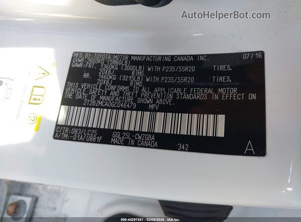 2T2BZMCA0GC046479 2016 LEXUS RX 350 Белый Вид подкапотного пространства