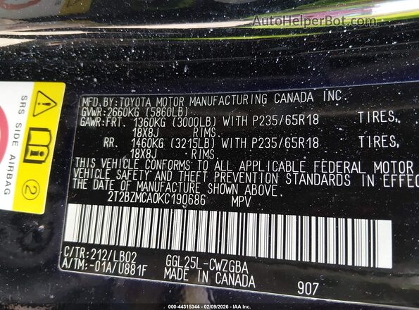 2T2BZMCA0KC190686 2019 LEXUS RX 350 Черный Вид подкапотного пространства