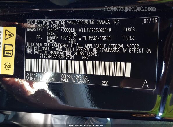 2T2BZMCA1GC012101 2016 LEXUS RX 350 Черный Вид подкапотного пространства
