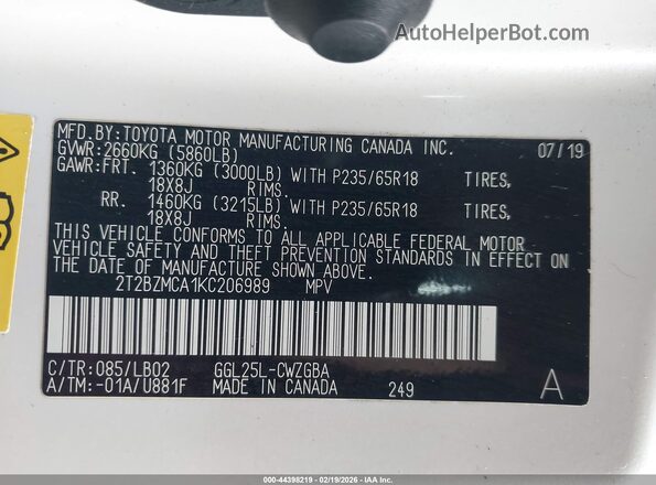 2T2BZMCA1KC206989 2019 LEXUS RX 350 Белый Вид подкапотного пространства