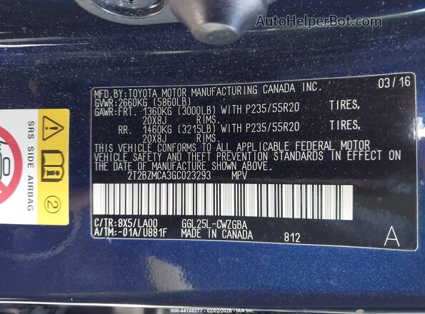 2T2BZMCA3GC023293 2016 LEXUS RX 350 Синий Вид подкапотного пространства