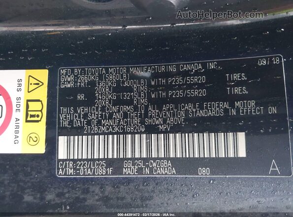 2T2BZMCA3KC168200 2019 LEXUS RX 350 Черный Вид подкапотного пространства
