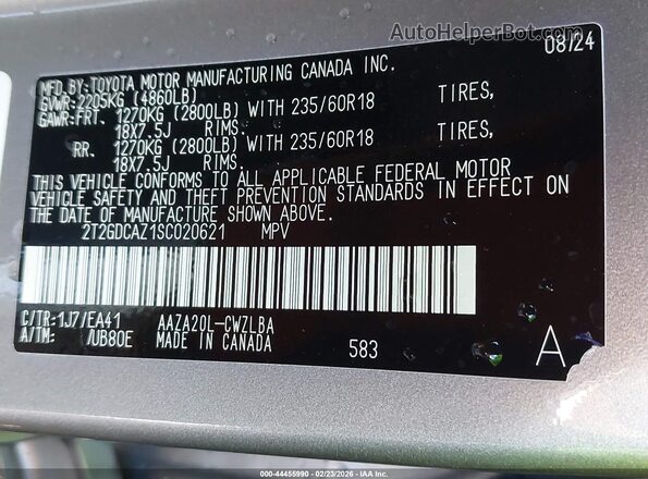 2T2GDCAZ1SC020621 2025 LEXUS NX 250 Gray Widok komory silnika