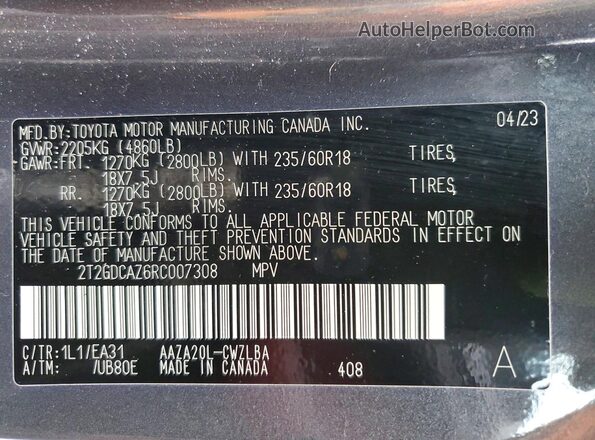 2T2GDCAZ6RC007308 2024 LEXUS NX Серый Вид наклейки с VIN-кодом