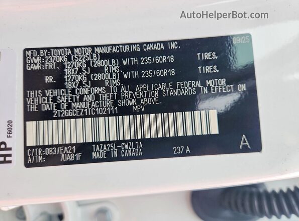 2T2GGCEZ1TC102111 2026 LEXUS NX White VIN კოდის სტიკერის ხედი