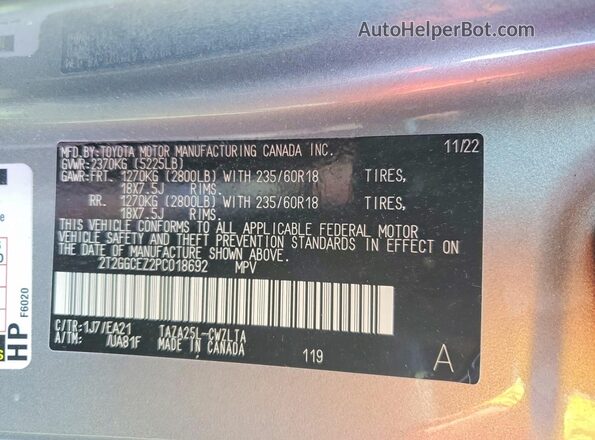 2T2GGCEZ2PC018692 2023 LEXUS NX Серебряный Вид наклейки с VIN-кодом