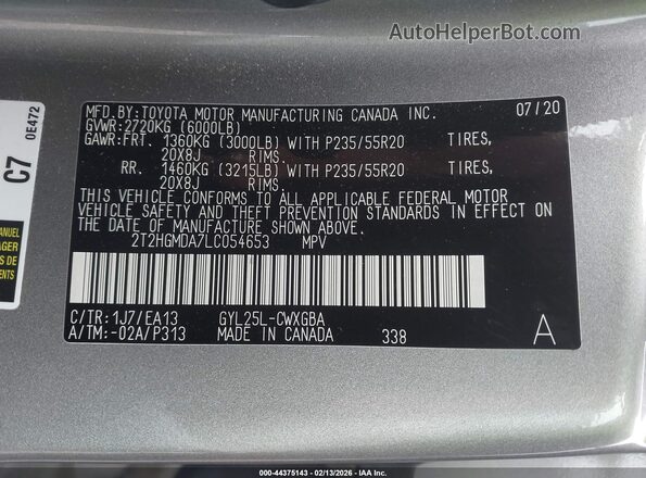 2T2HGMDA7LC054653 2020 LEXUS RX 450H Silver Vista del compartimento del motor