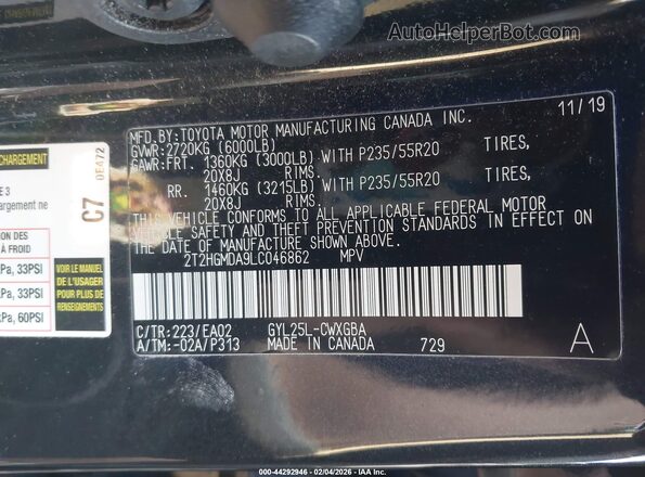 2T2HGMDA9LC046862 2020 LEXUS RX 450H Черный Вид подкапотного пространства