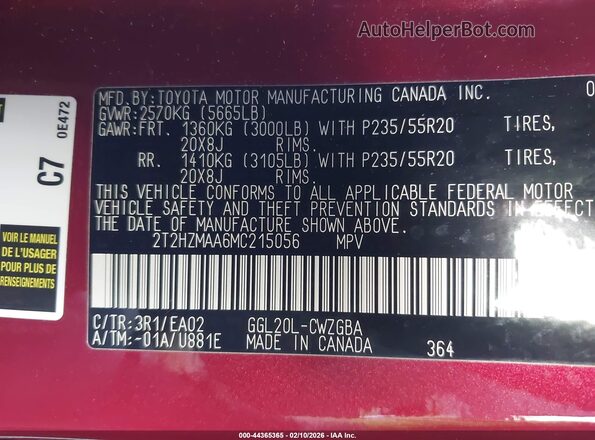 2T2HZMAA6MC215056 2021 LEXUS RX 350 Красный Вид подкапотного пространства