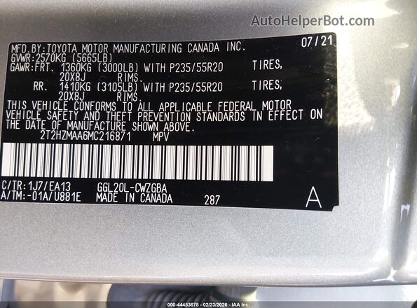 2T2HZMAA6MC216871 2021 LEXUS RX 350 Gray Вид підкапотного простору