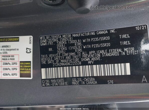 2T2HZMAA6NC225538 2022 LEXUS RX 350 Gray Widok komory silnika
