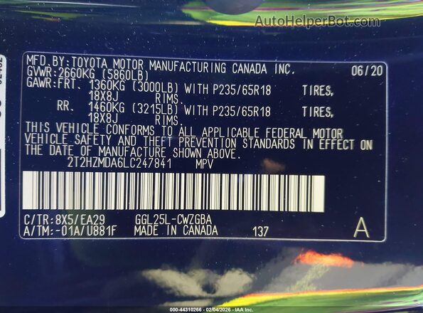 2T2HZMDA6LC247841 2020 LEXUS RX 350 Blue Вид підкапотного простору