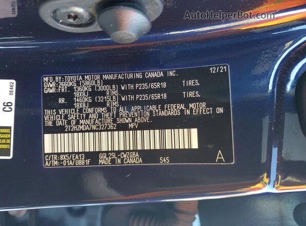 2T2HZMDA7NC327362 2022 LEXUS RX Синий Панорамный вид салона 360°