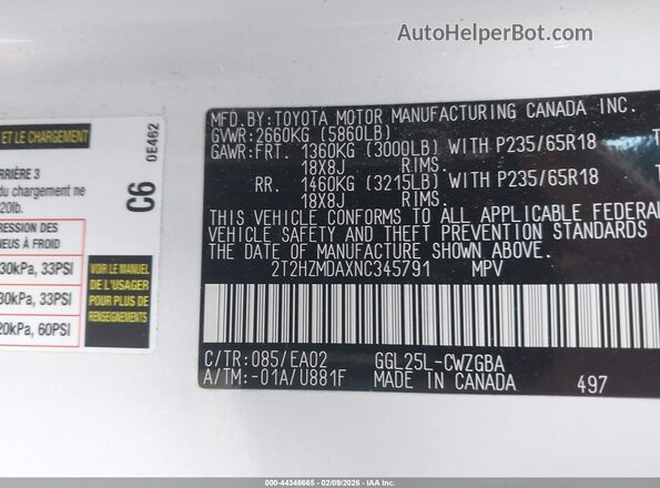 2T2HZMDAXNC345791 2022 LEXUS RX 350 White Widok komory silnika