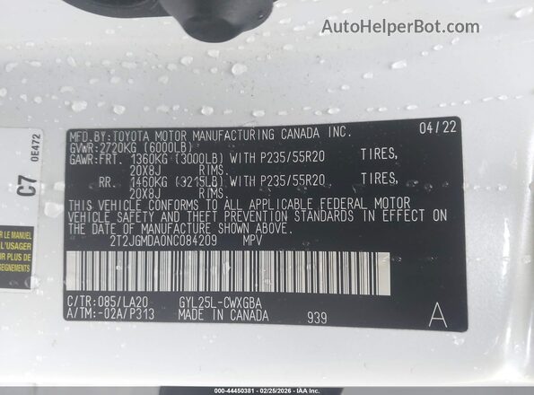 2T2JGMDA0NC084209 2022 LEXUS RX 450H Белый Вид подкапотного пространства