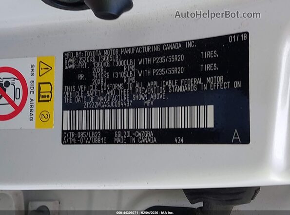 2T2ZZMCA3JC094497 2018 LEXUS RX 350 Белый Вид наклейки с VIN-кодом