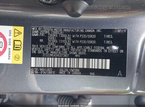 2T2ZZMCA5HC073807 2017 LEXUS RX 350 Серый Вид подкапотного пространства